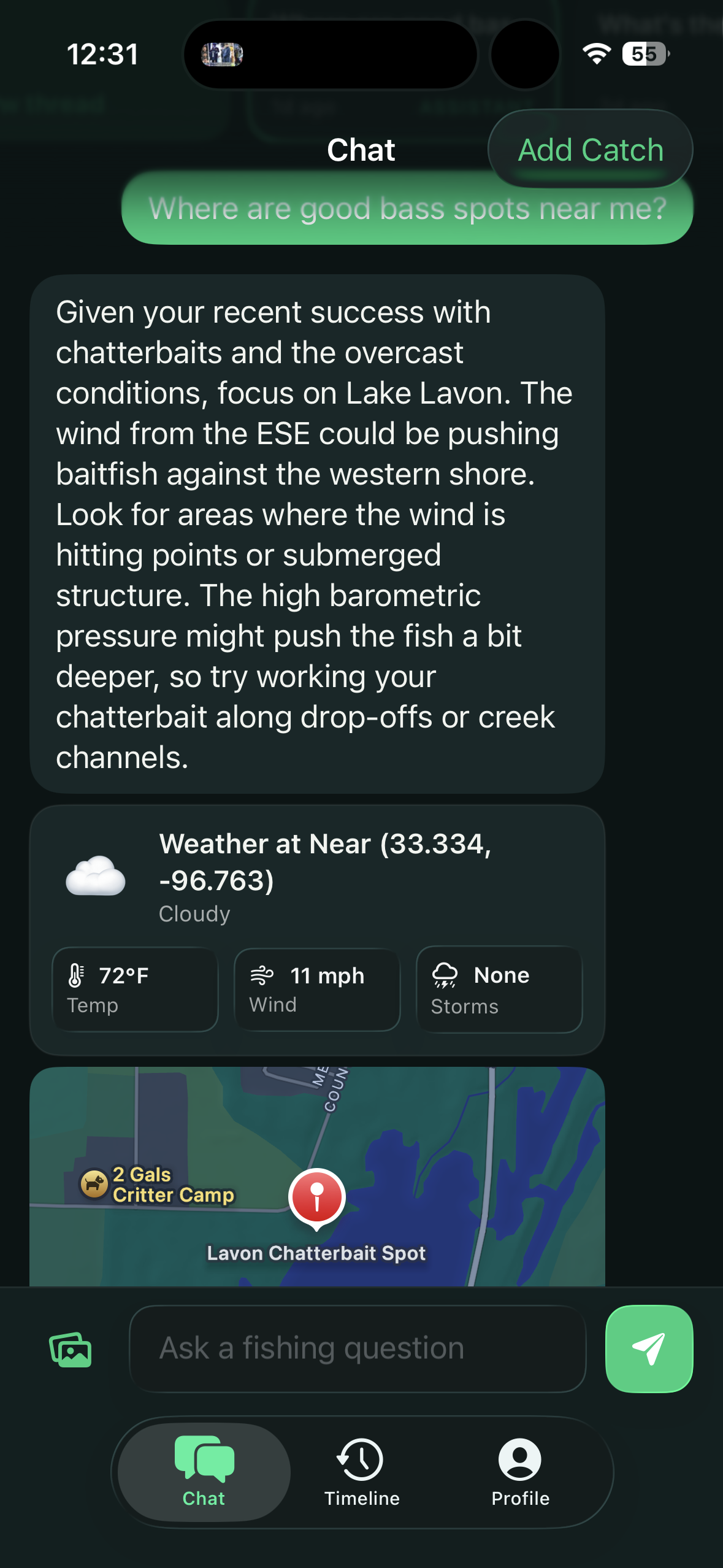 Bass Caddy chat screen: angler asks 'Where are good bass spots near me?' and the AI replies with a recommendation referencing recent chatterbait success, overcast conditions, and Lake Lavon — followed by a live weather card and a verified waypoint on a map.