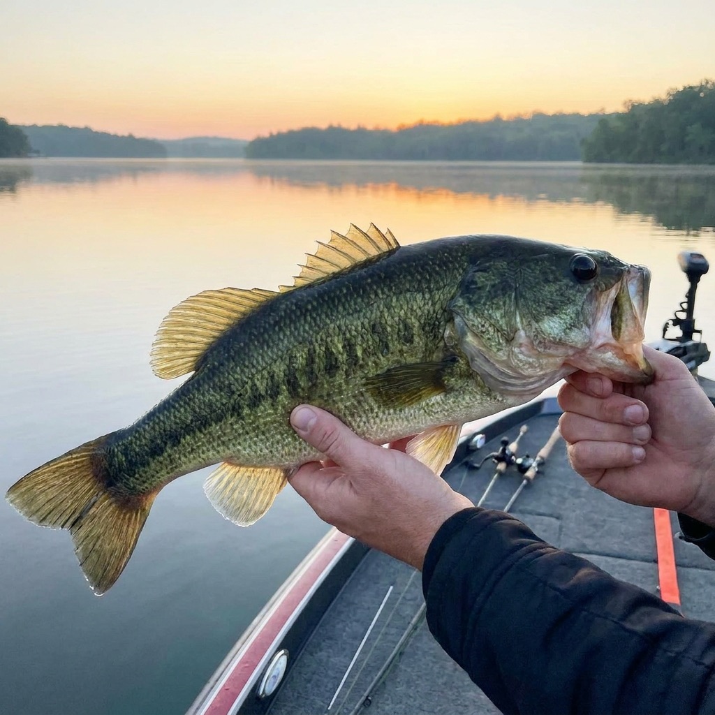 Largemouth bass held over a calm lake at sunrise from a bass boat
